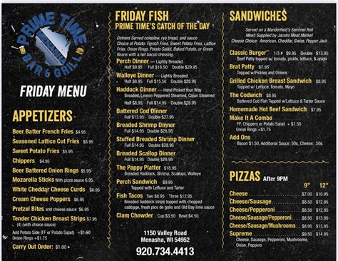 prime time bar and grill menu